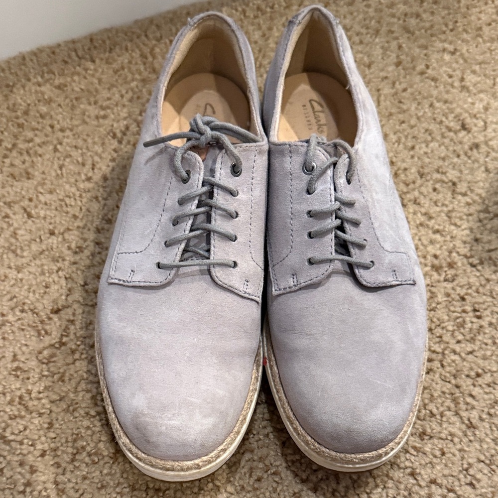 Clarks women’s Light Gray Suede Oxfords